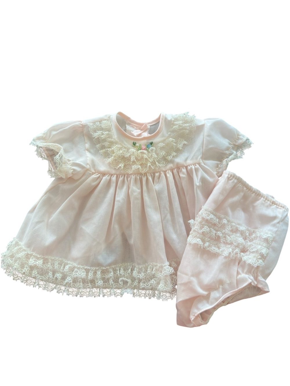Vintage 80s Pink Ruffle Lace Dress Set • Cutest One • 6-9 months (heirloom baby)